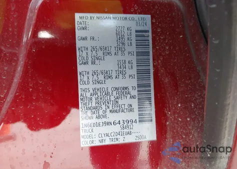 2024 Nissan Frontier Sv 4X2 from USA, damaged, VIN 1N6ED1EJ9RN643994